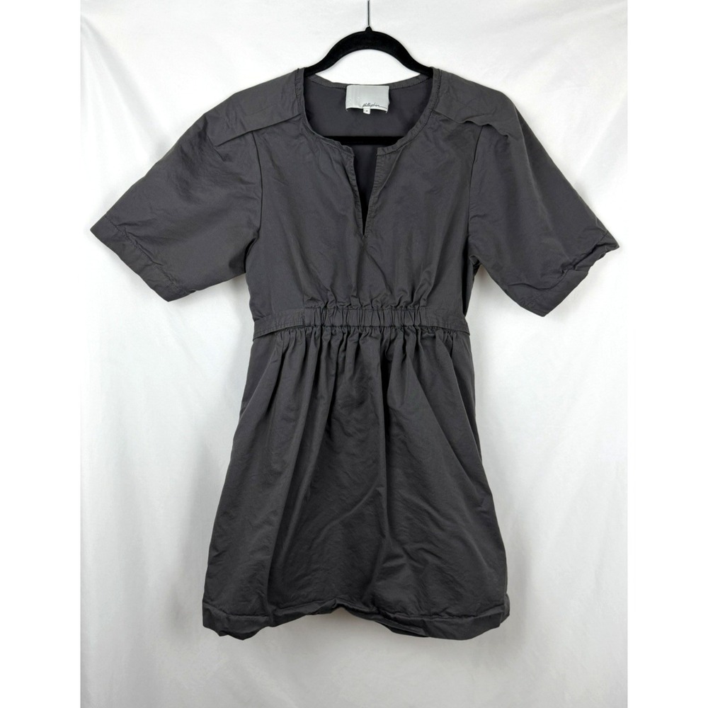 3.1 Phillip Lim Gray Utility‎ Mini Dress 2 Short Sleeve Zipper Pockets Cotton